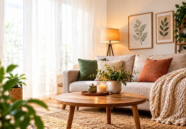 Cozy modern living room with budget-friendly home decor and the text “How to Refresh Your Home Without Spending a Fortune.”